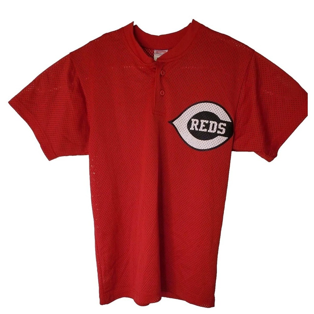 Champro Cincinnati Reds Mesh Baseball Jersey Red Henley Mens Small Short Sleeve